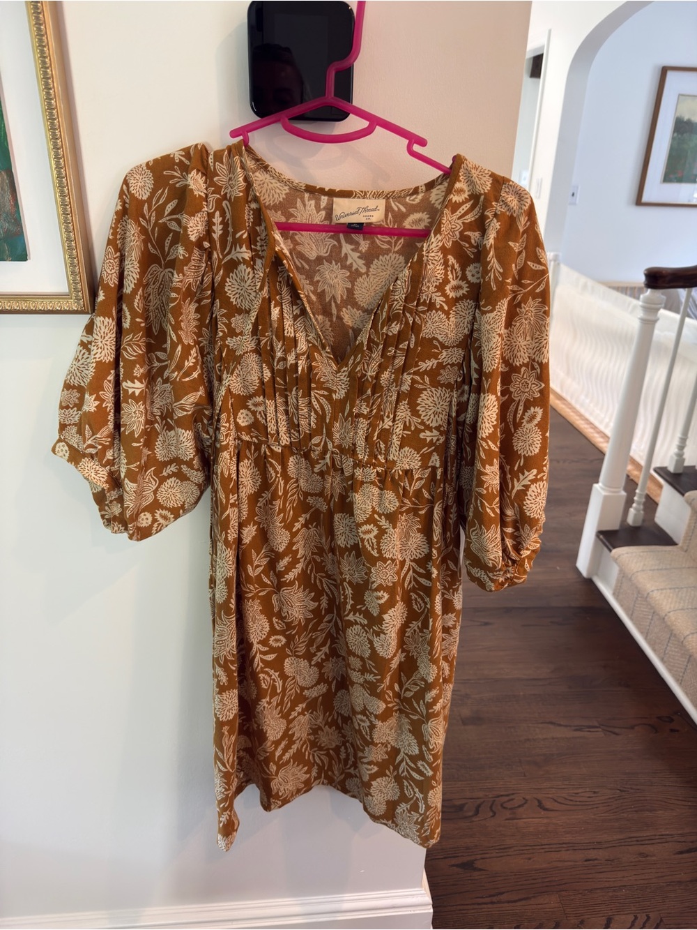 Universal Thread Floral Cotton Babydoll Dress Medium Mustard Ivory Boho - Picture 2 of 4